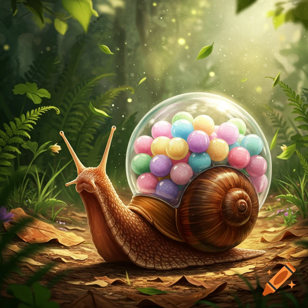 A whimsical snail with a clear gumball machine shell filled with colorful candies, slowly moving on a forest floor.