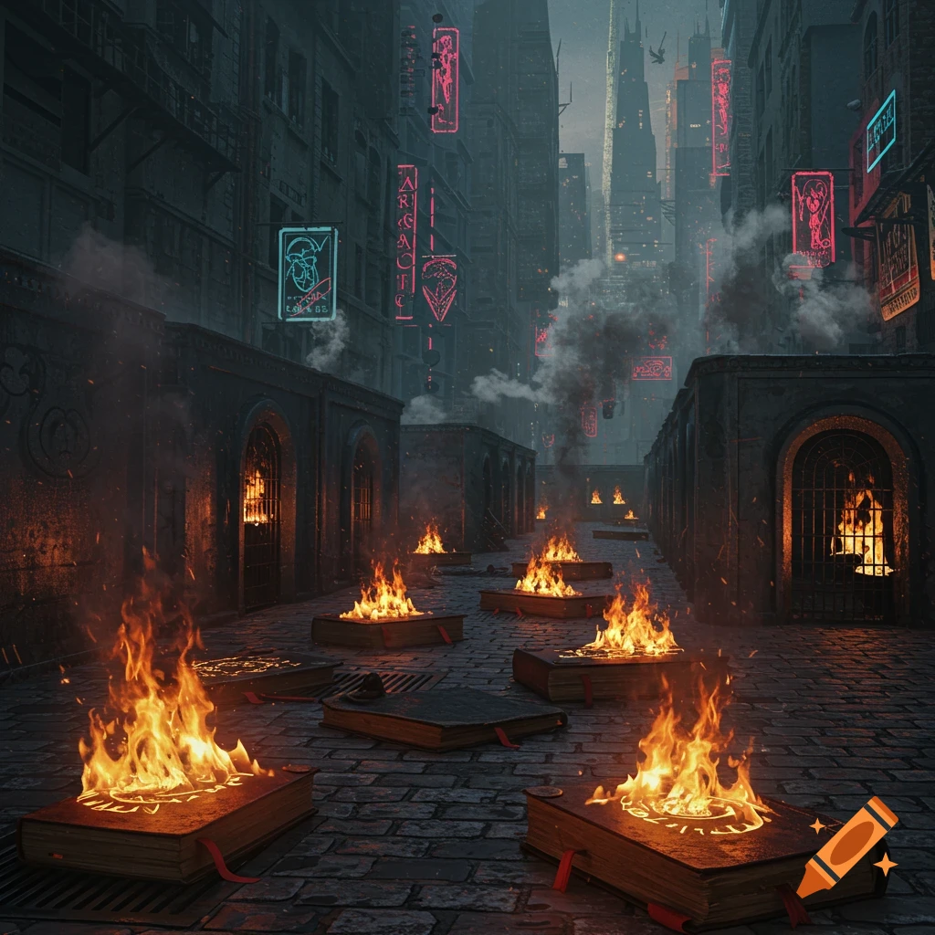 A dark, smoggy futuristic city street at night, with multiple books burning on the cobblestone ground. Neon signs illuminate the background buildings.