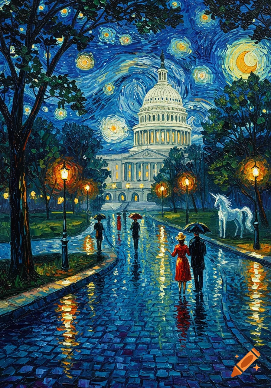 A Van Gogh-style oil painting depicts the US Capitol at night under a swirling starry sky, with people holding umbrellas on a wet street and a white unicorn nearby.