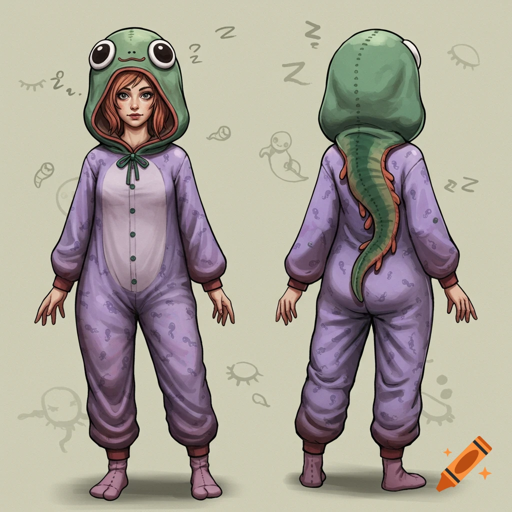 A character concept art showing front and back views of a woman in a purple frog-like pajama onesie with a green hood and tail.
