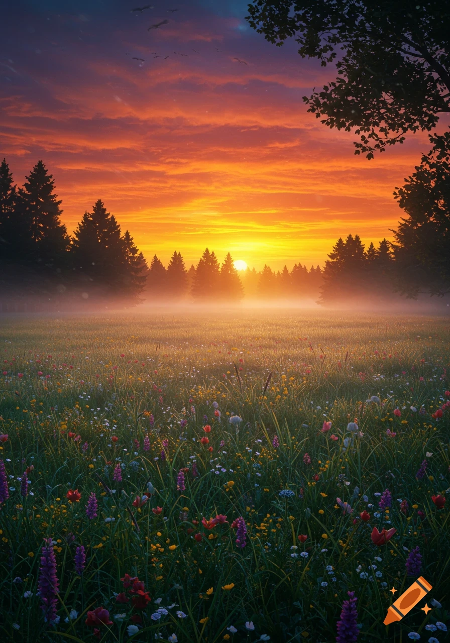 Vibrant orange and red sunrise illuminates a misty field of colorful wildflowers and evergreen trees.