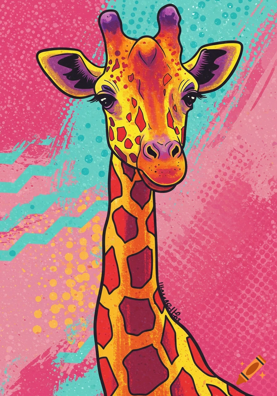 A colorful, vibrant pop art illustration of a giraffe's head and neck against a pink and teal splatter background.