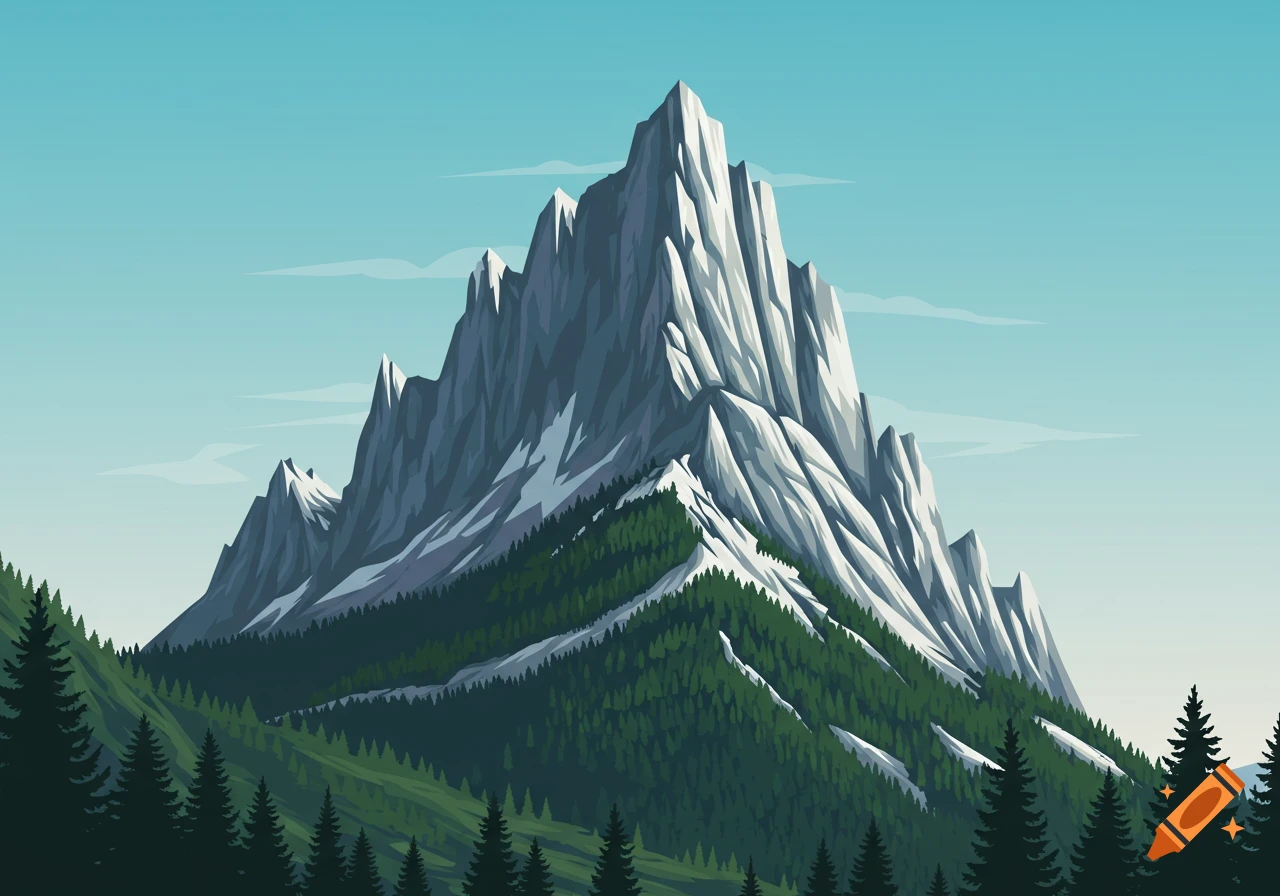 A vector illustration of a large, jagged mountain with green forests at its base under a clear blue sky.