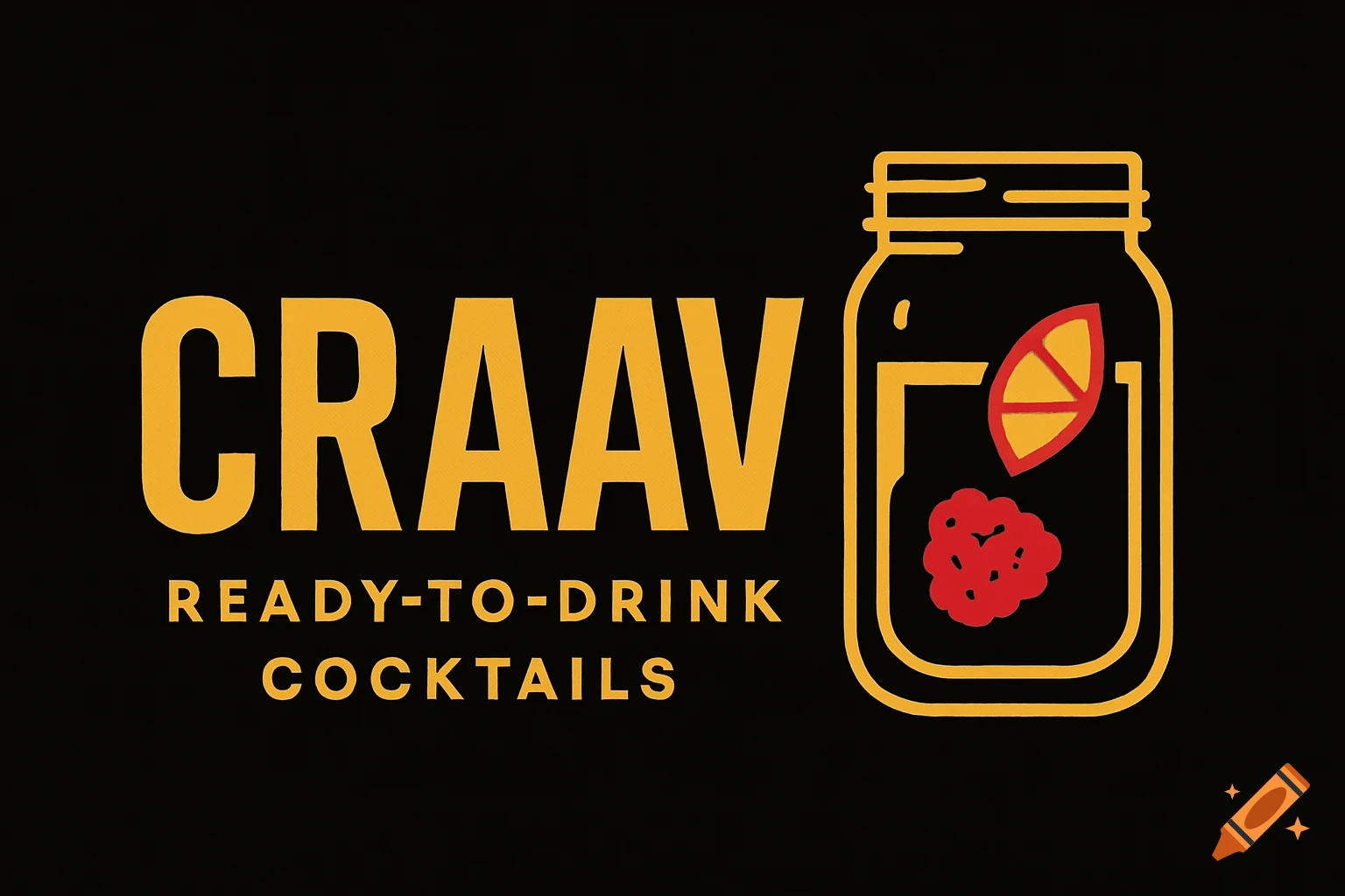 A modern logo for CRAAV READY-TO-DRINK COCKTAILS, featuring yellow text and a minimalist mason jar with fruit on a black background.