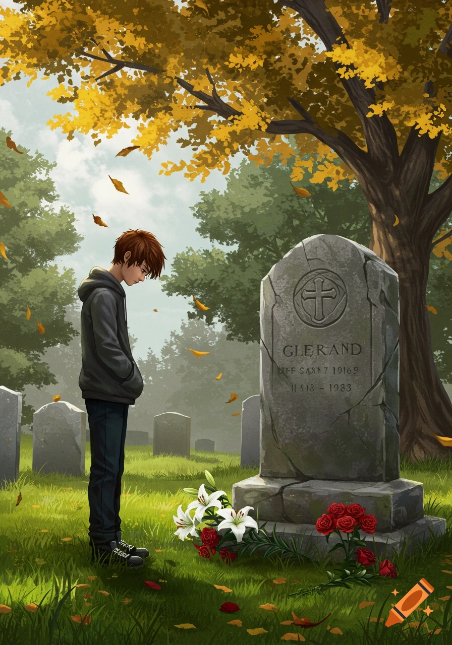 An illustration of a somber teenager in a gray hoodie standing before a gravestone in an autumn cemetery, with colorful fall leaves scattered around.