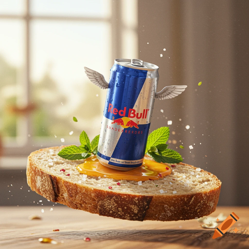 A floating Red Bull can with wings rests on a slice of bread drizzled with yellow sauce and sprinkled with salt and mint leaves.