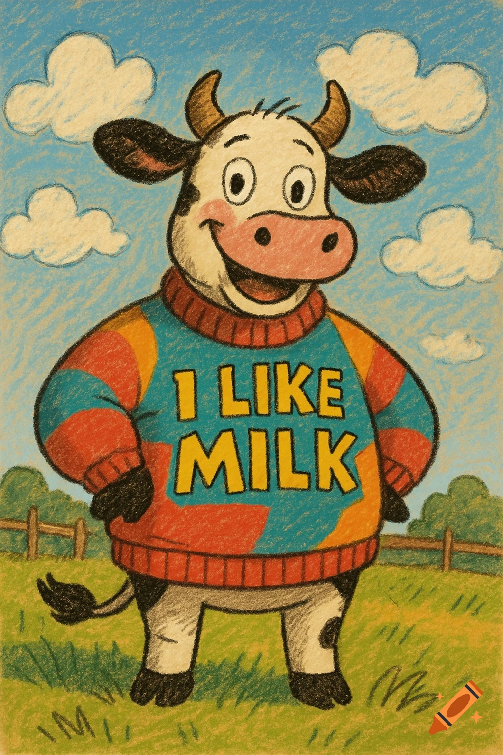 A cartoon cow in a colorful sweater that says 'I LIKE MILK' stands in a grassy field under a blue sky with clouds, drawn in a crayon style.