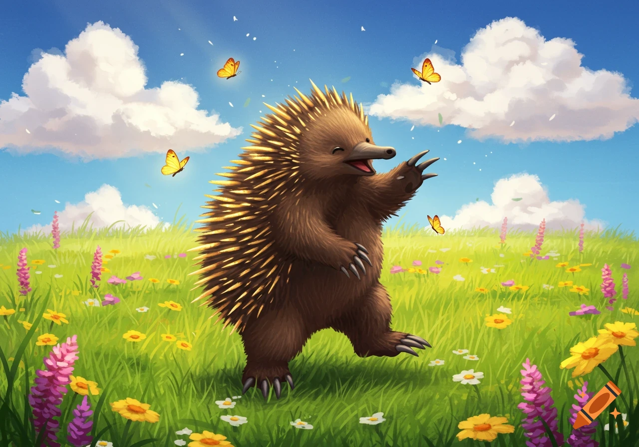 A happy, cartoon-style echidna dances in a sunny meadow filled with colorful flowers and butterflies.