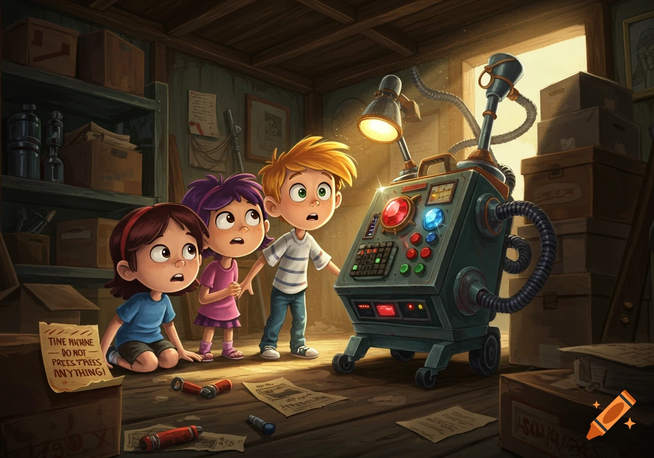 Three shocked children stand in a dusty garage, looking at an ornate, glowing time machine with buttons and lights. A note reads "TINE MACHINE."