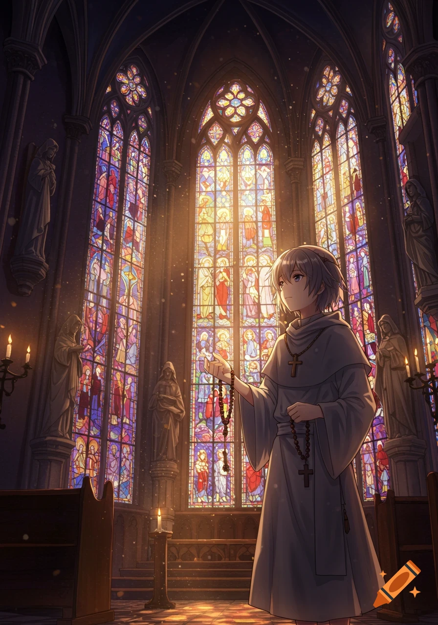 An anime-style young monk holds a rosary, bathed in sunlight filtering through vibrant stained glass windows inside a grand church.