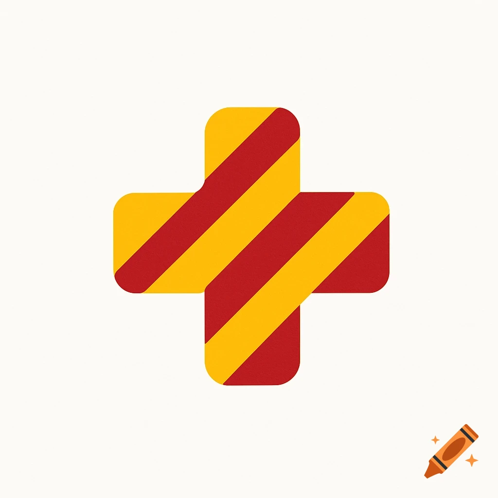 A rounded cross symbol with red and yellow diagonal stripes on a white background.