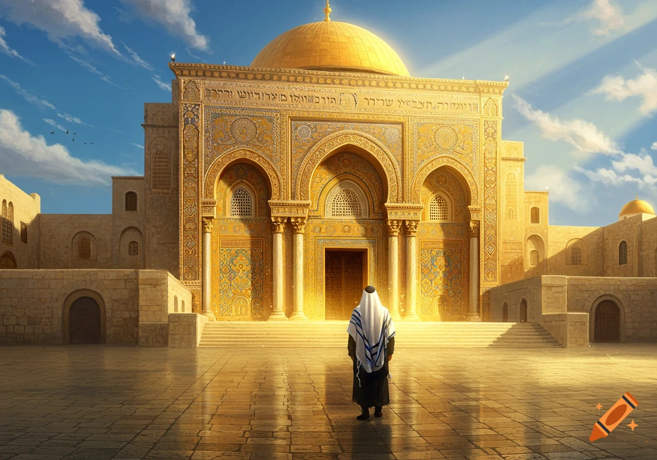 A Jewish person stands on a sunlit plaza facing a grand golden-domed temple with intricate golden and blue patterns.
