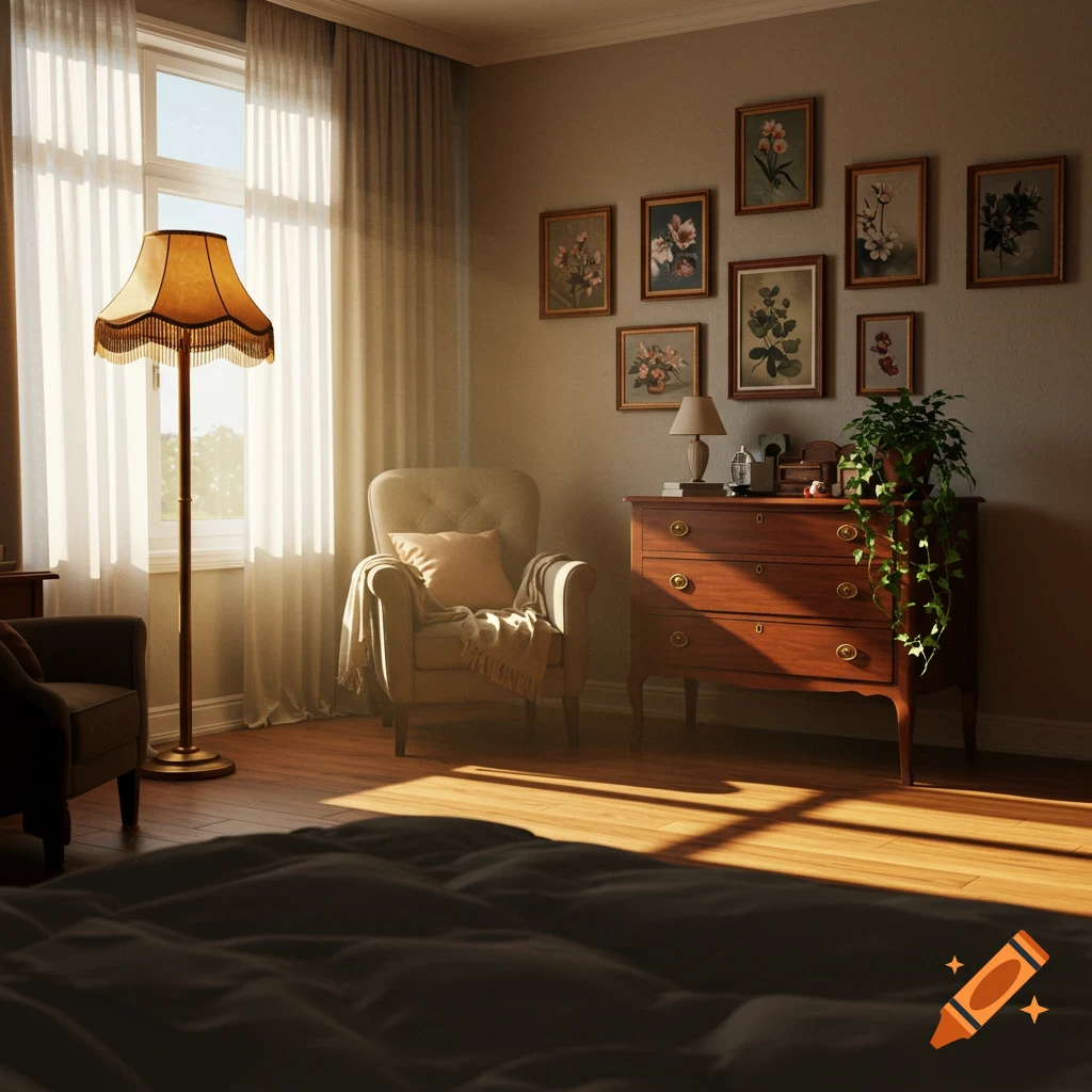 Photorealistic view of a sunlit bedroom from the bed's perspective, showing a floor lamp, armchair, dresser, and wall art.