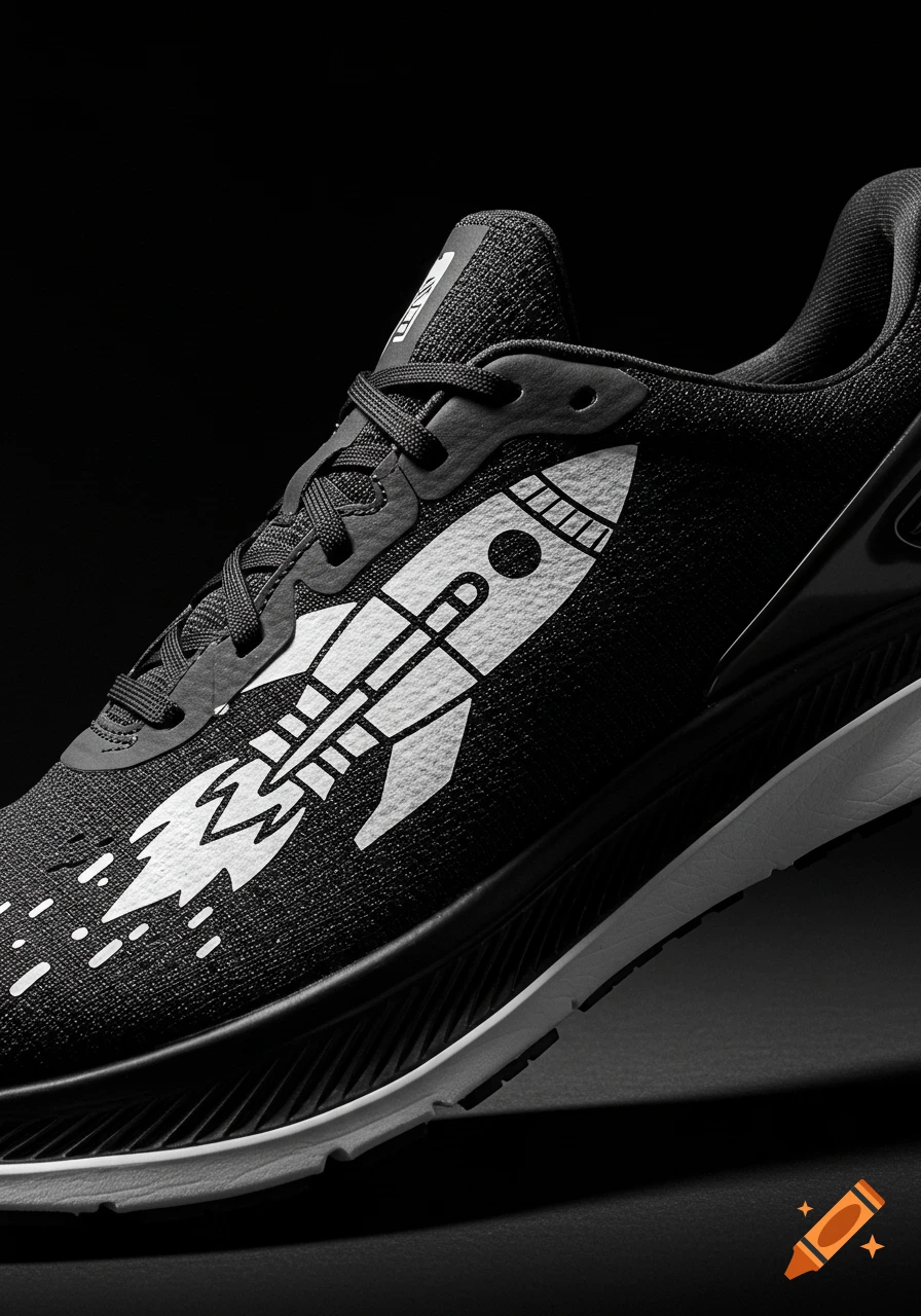 Close-up of a black running shoe with a white rocket ship design and exhaust trails on its side, against a black background.
