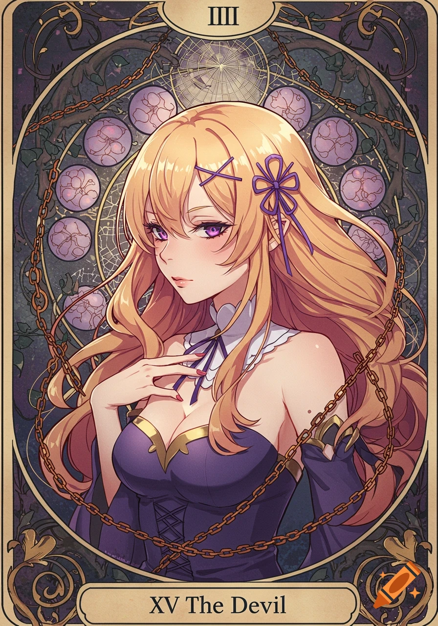 An anime-style tarot card features a long-blonde haired woman with purple eyes and a purple dress. She is framed by chains and ornate, organic patterns in a vintage, dark art nouveau style.