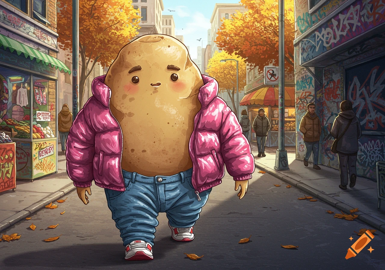A cartoon potato character with a face, wearing a pink puffer jacket, blue sagging jeans, and red and white sneakers, walks down an autumn city street. Buildings with graffiti and trees with yellow leaves line the street.