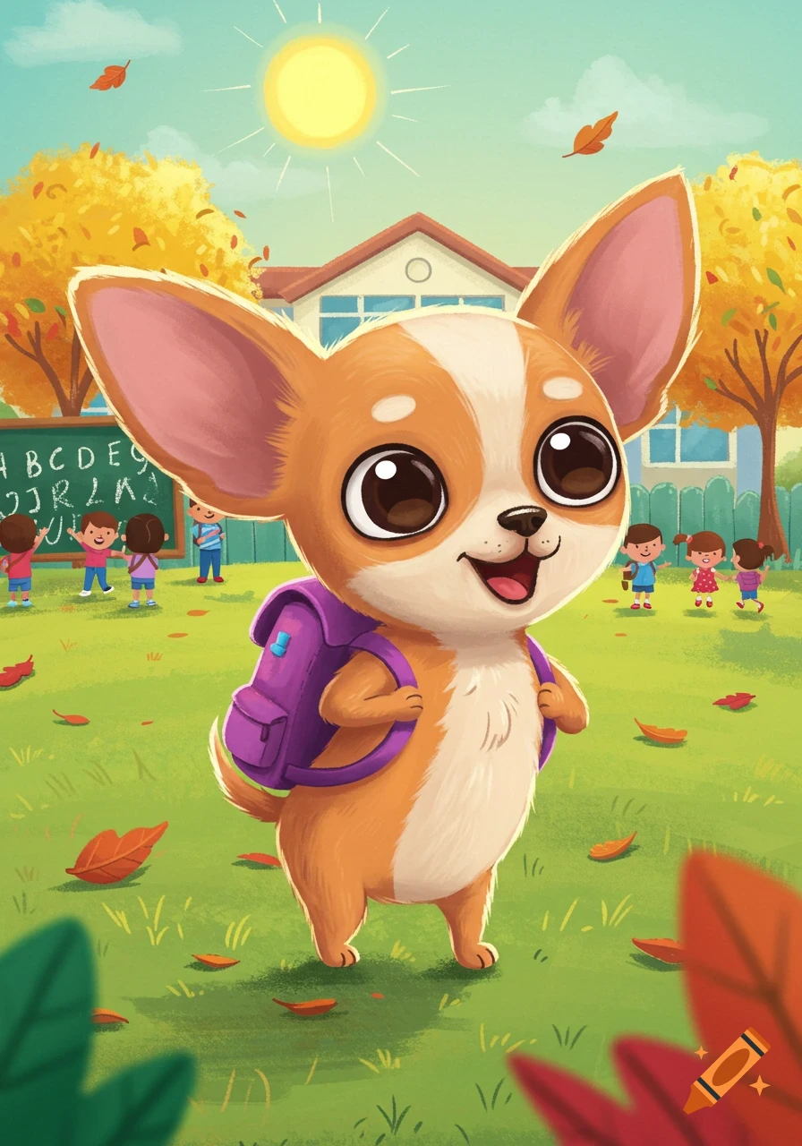 A cute cartoon chihuahua with a purple backpack stands in a sunny schoolyard, with children and a blackboard in the background. Autumn leaves are on the ground.