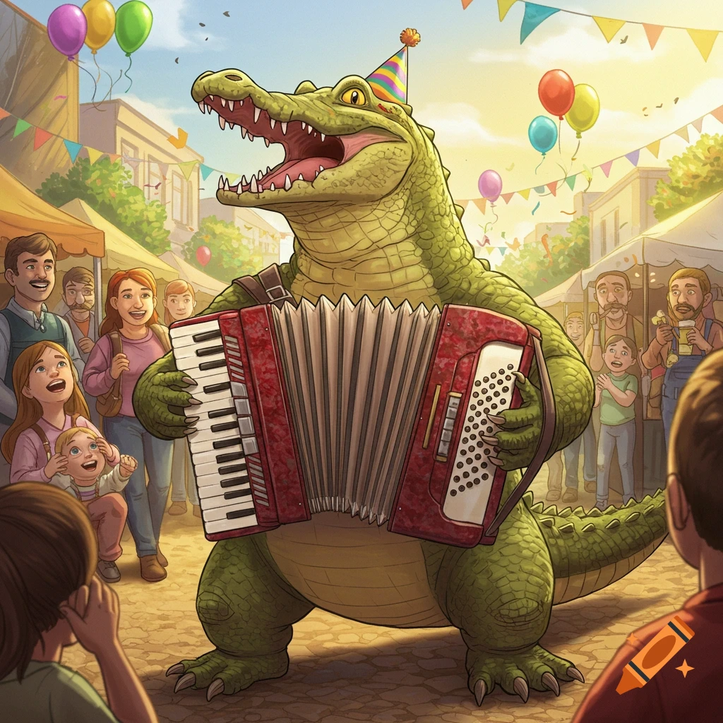 A happy alligator in a party hat plays a red accordion at a lively outdoor festival with people, balloons, and banners.