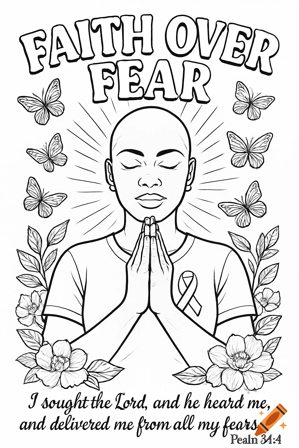 Black and white coloring page of a bald woman in prayer with a breast cancer ribbon, surrounded by butterflies and flowers. Text reads "Faith Over Fear" and a Bible verse.