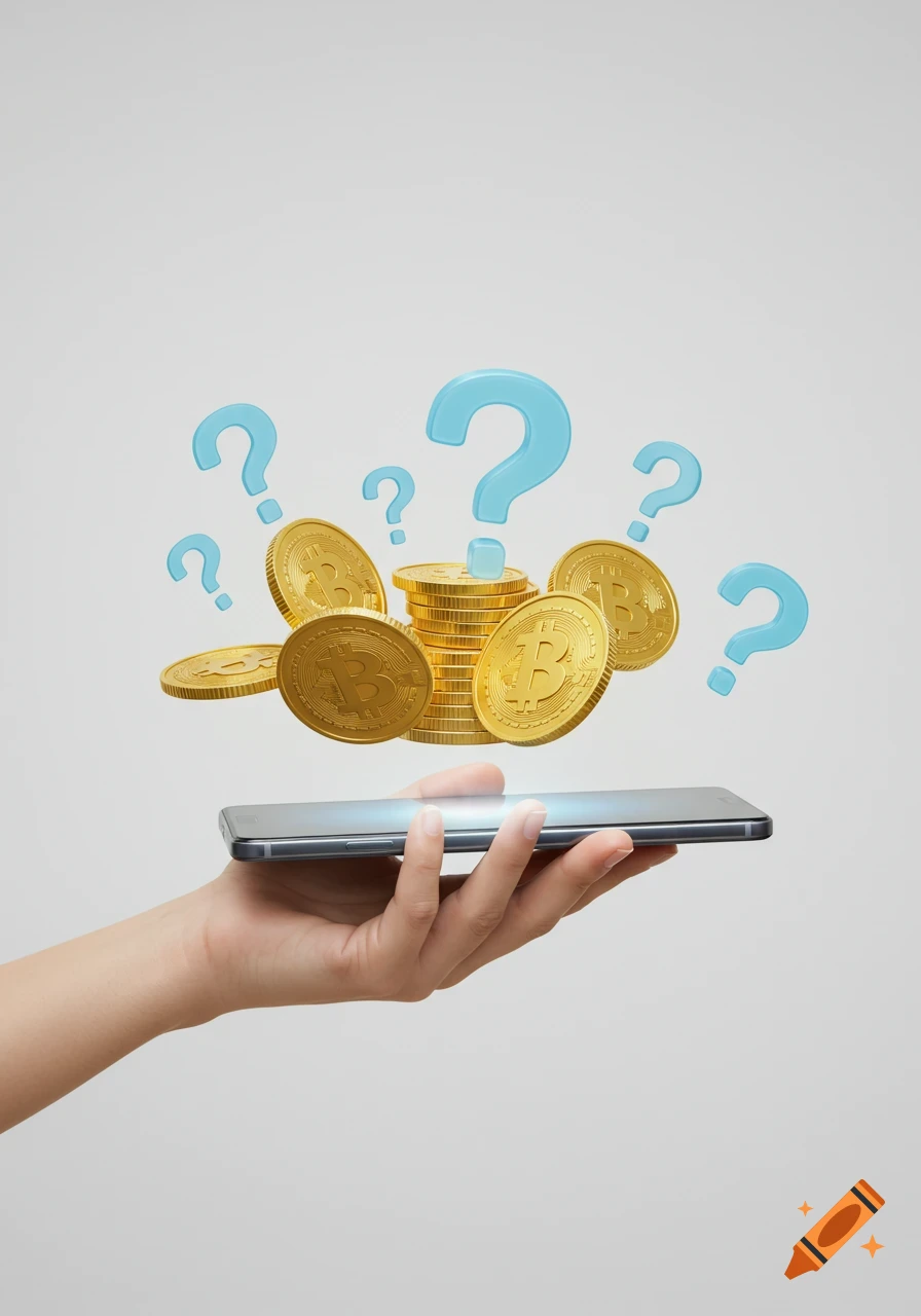 A hand holds a smartphone, above which float golden cryptocurrency coins with Bitcoin symbols and blue question marks on a white background.