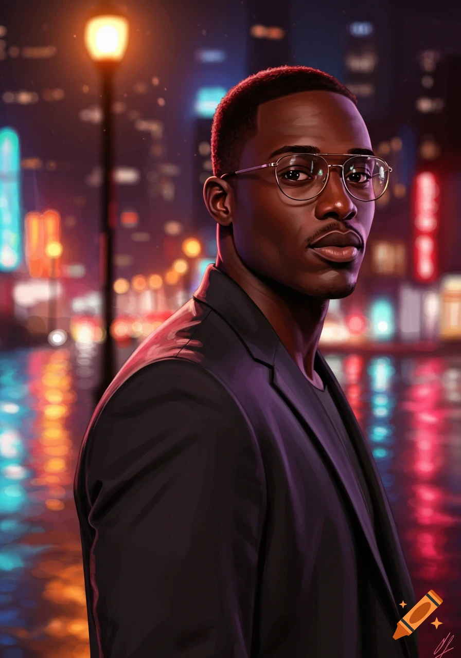 A stylized portrait of a dark-skinned man wearing glasses against a blurry, neon-lit city street at night.