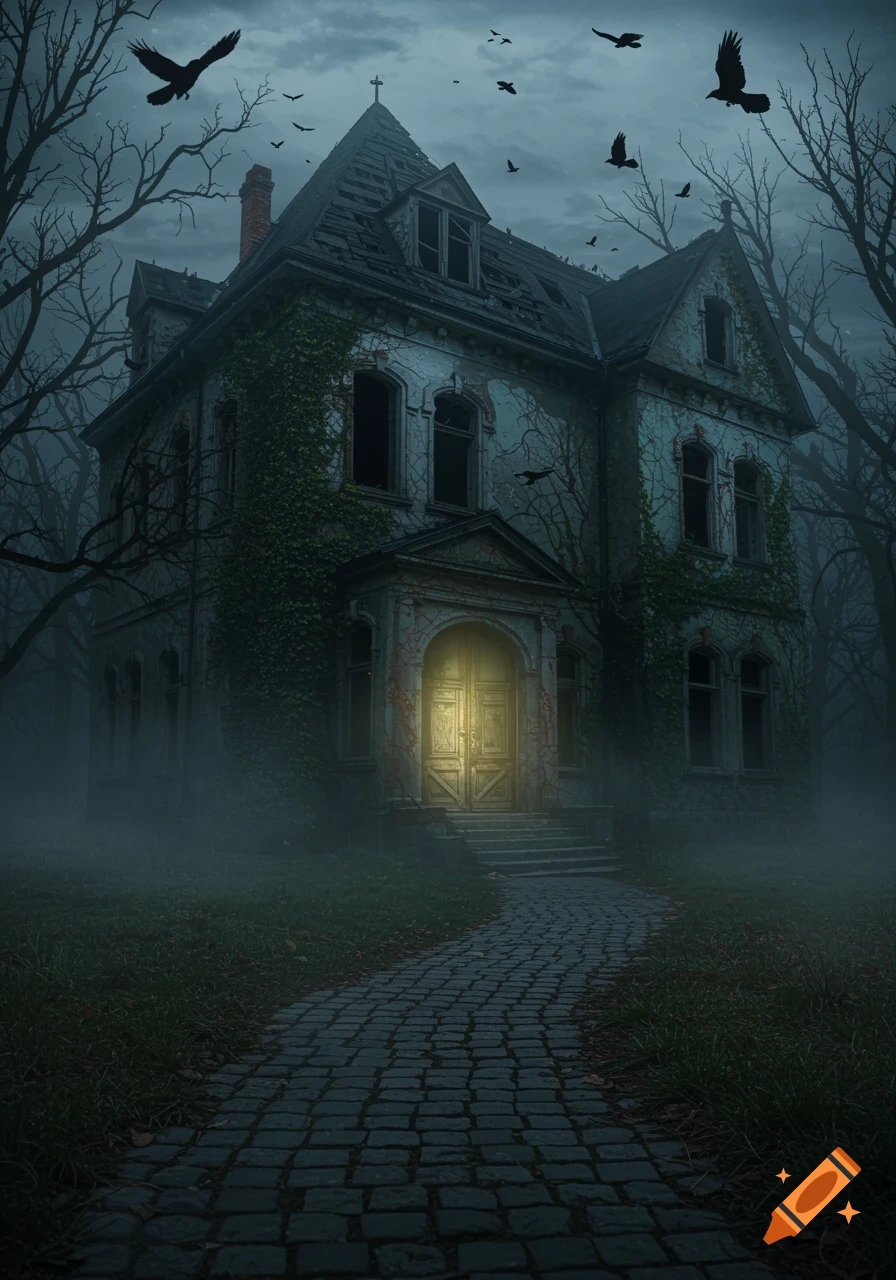 A creepy, abandoned gothic mansion with a glowing door, surrounded by a dark, misty forest with bare trees and flying crows.