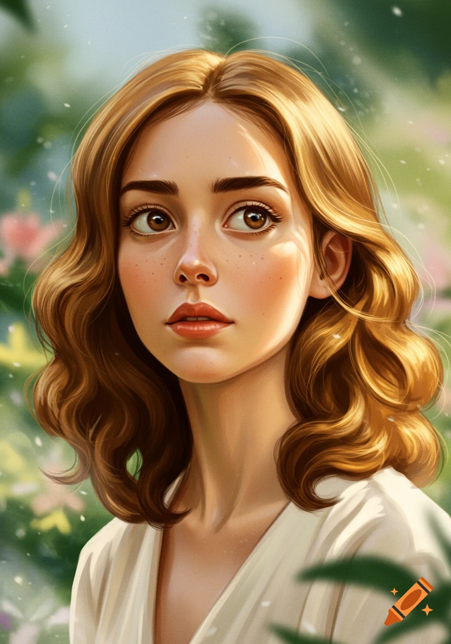 Digital art portrait of a young woman with light brown hair and a wondering expression, surrounded by soft green foliage and sunlight.
