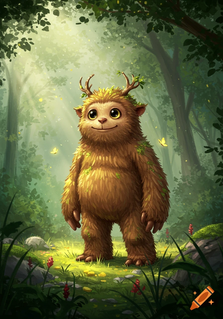 A cute, furry brown monster with antlers and big eyes stands in a sunlit forest.