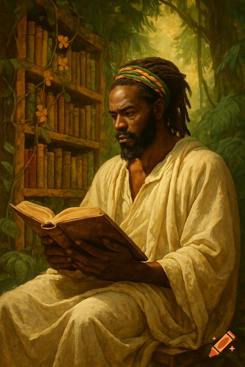 A man with dreadlocks and a striped headband reads a book in a lush, vine-covered jungle library, painted in a classical style.
