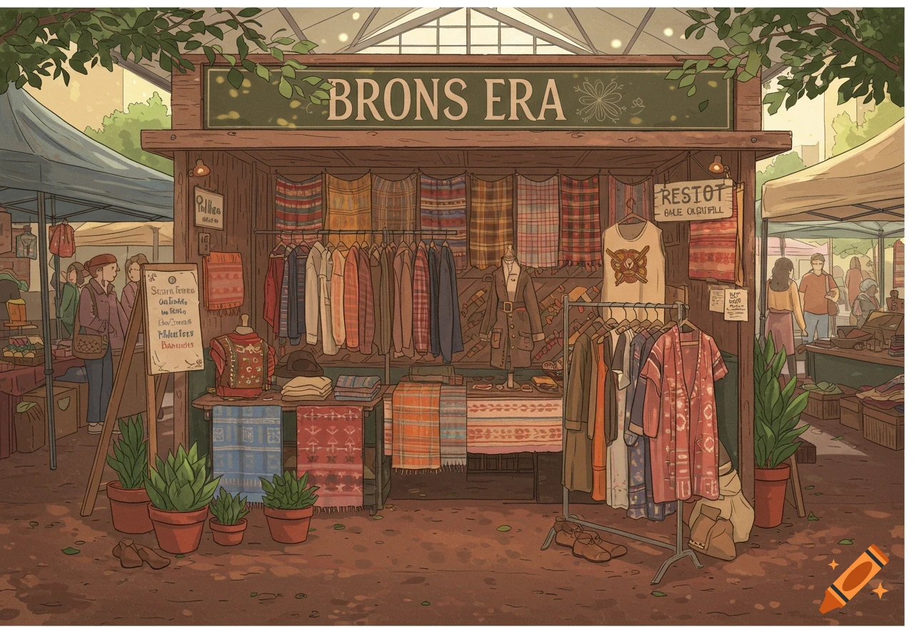 A stylized illustration of a clothing booth at a bustling farmers market, with a sign reading 'BRONS ERA' above racks of colorful garments and patterned textiles.