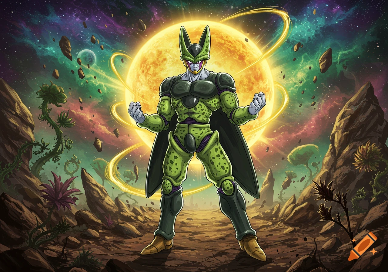 Perfect Cell from Dragon Ball Z stands powerfully against a cosmic landscape with a bright sun in an anime art style.