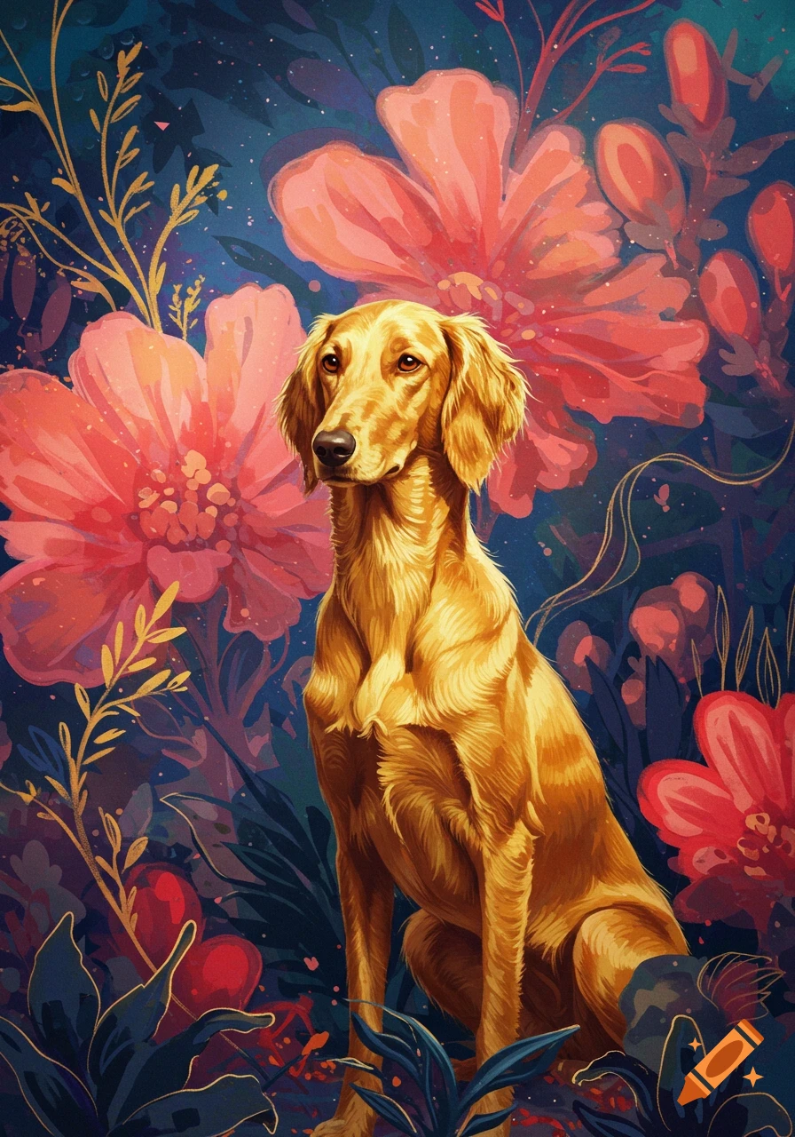 A golden dog sits in a vibrant, stylized garden with large pink flowers and blue foliage, in an illustrative style.