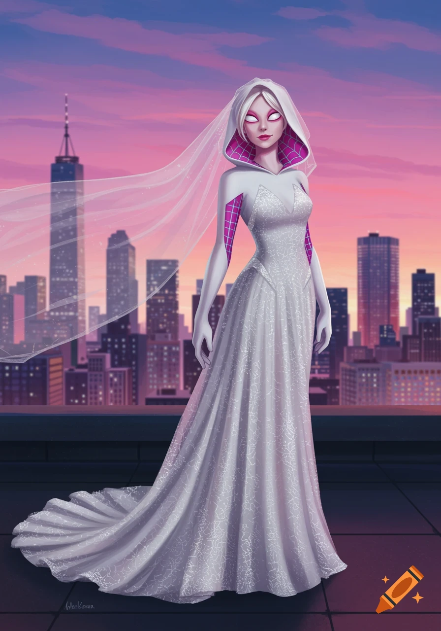 Spider-Gwen in a white wedding dress and veil stands on a rooftop against a pink and purple city sunset.