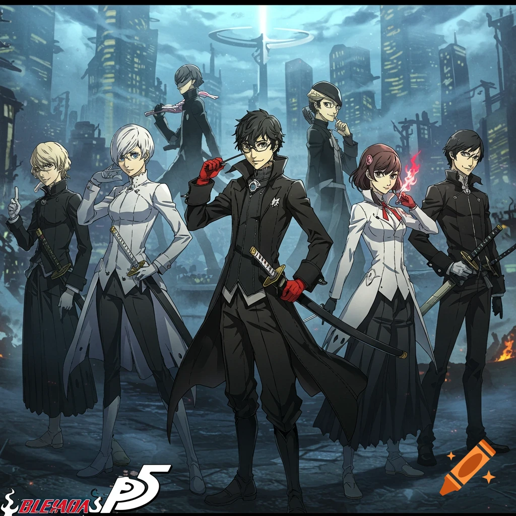 Anime group portrait of Persona 5 characters in Bleach-inspired attire, holding swords in a dark city with "BLEACH P5" logo.