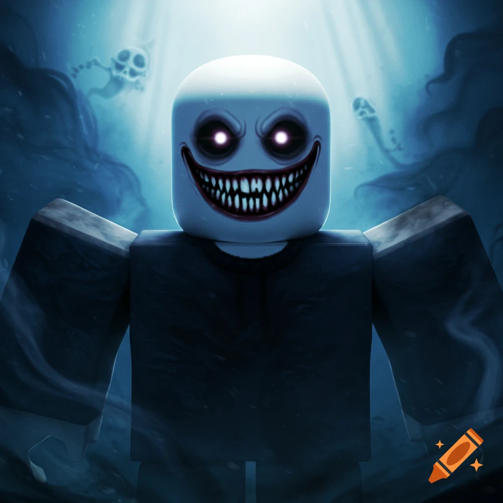 A creepy Roblox character with a white head, glowing eyes, and a wide, sharp-toothed evil smile against a dark, eerie background with ghostly figures.