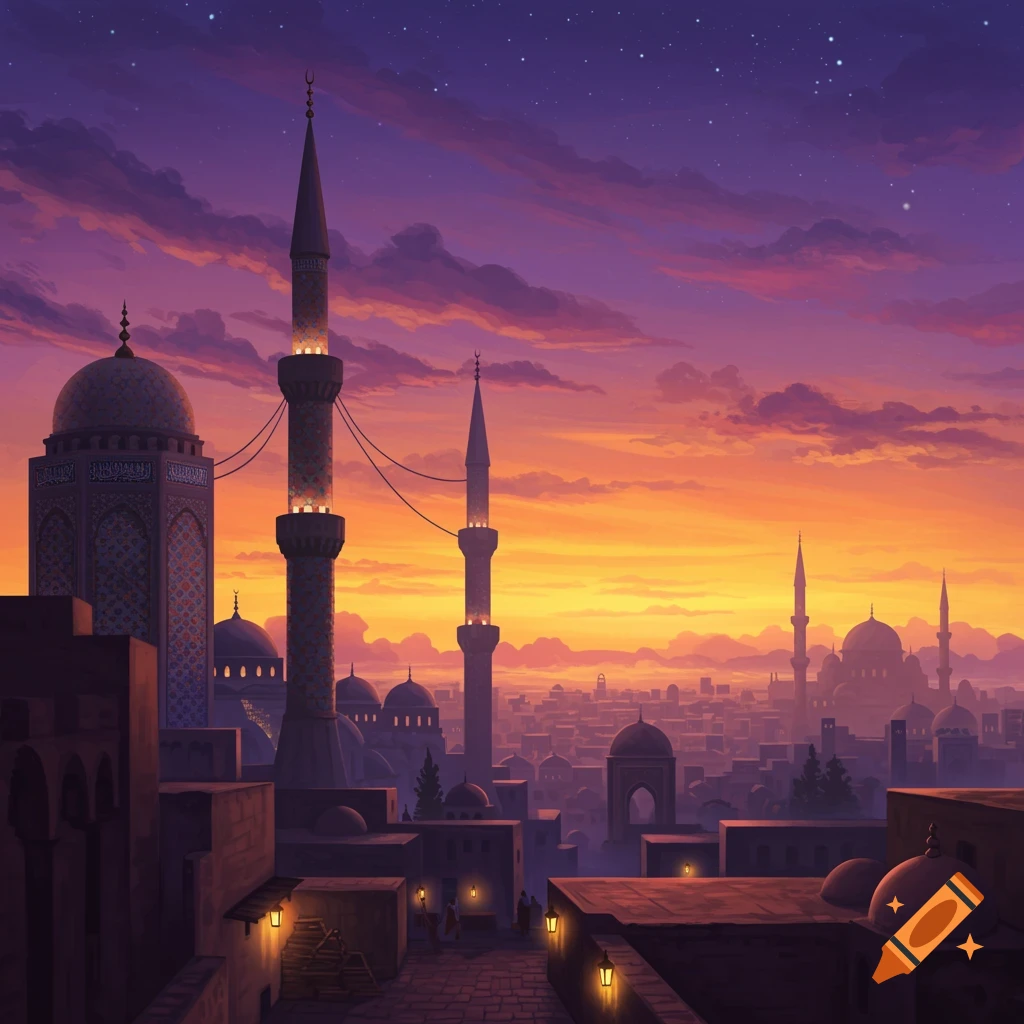A vibrant cityscape at twilight, featuring numerous mosques and minarets silhouetted against an orange and purple sky.