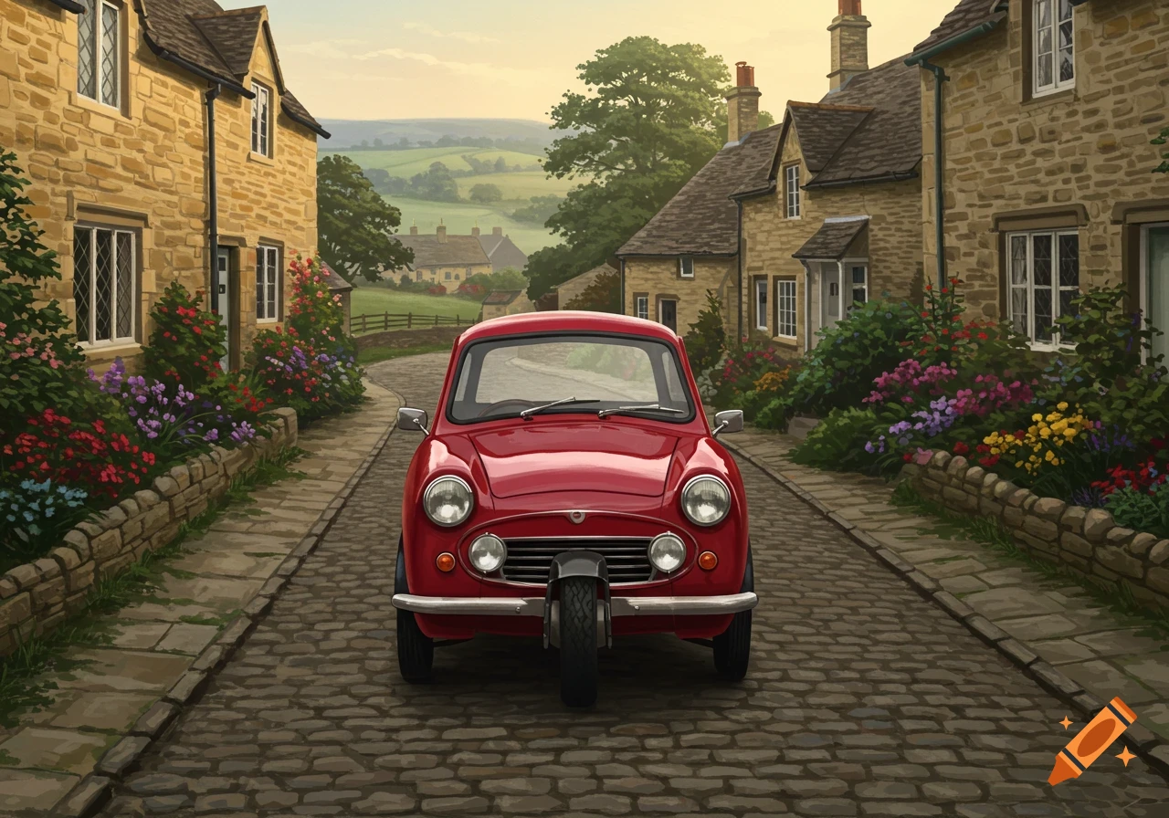 A red three-wheeled car parked on a cobblestone street in a quaint village with stone houses and colorful flower gardens.