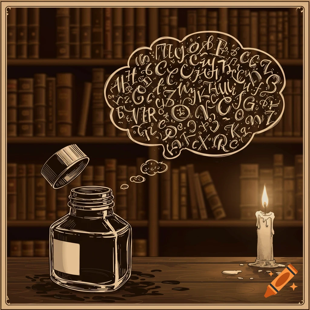 A sepia-toned illustration shows an open inkwell with letters floating in a thought bubble, next to a lit candle on a wooden desk, with bookshelves in the background.