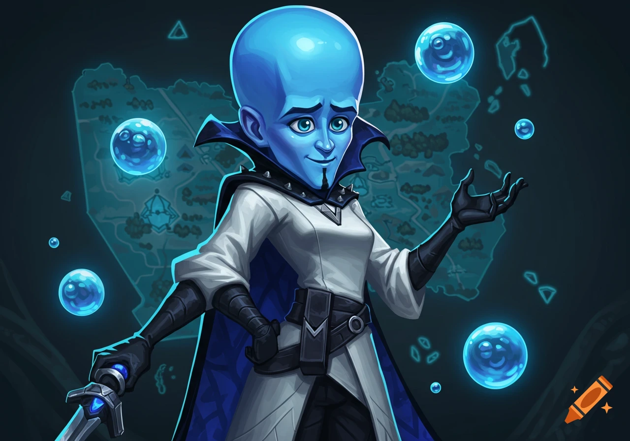 A blue-skinned, bald character in white and blue robes, resembling Megamind, holds a sword amidst glowing blue bubbles and a map background.