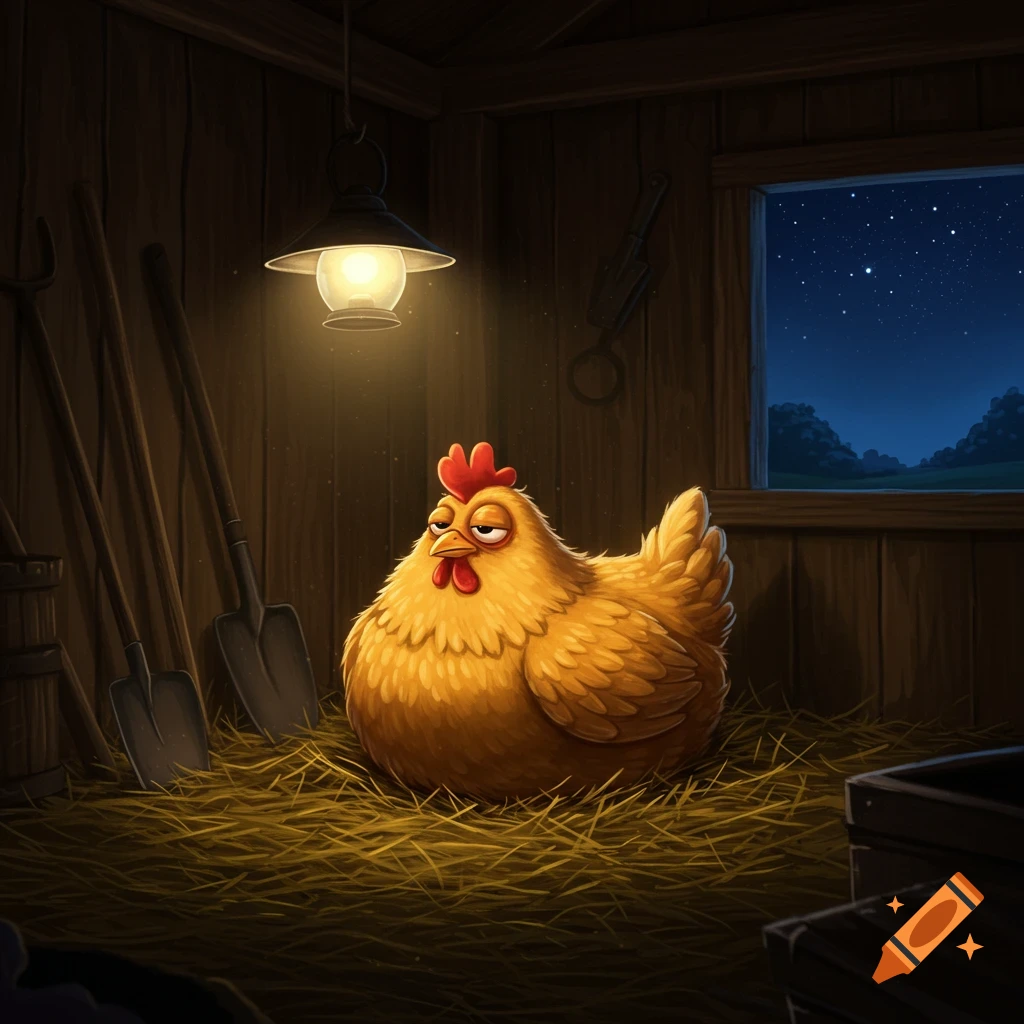 A fluffy cartoon chicken with a grumpy expression sits on hay in a dimly lit barn under a hanging lamp, with a starry night visible outside a window.