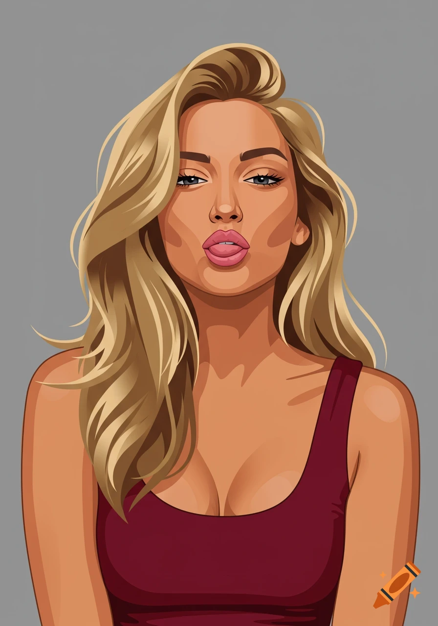 An illustrated portrait of a blonde woman with full lips and tongue showing, wearing a maroon tank top.