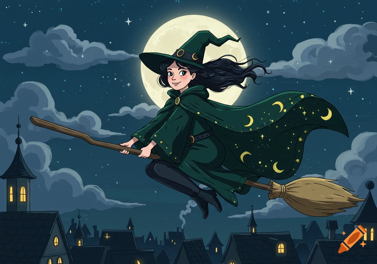 Cartoon witch flying on a broomstick across a full moonlit night sky above a town.