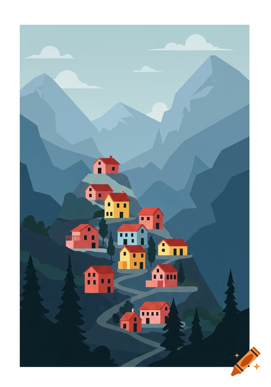A colorful, flat-design illustration of a village with red and yellow houses climbing a winding path up a mountainside.