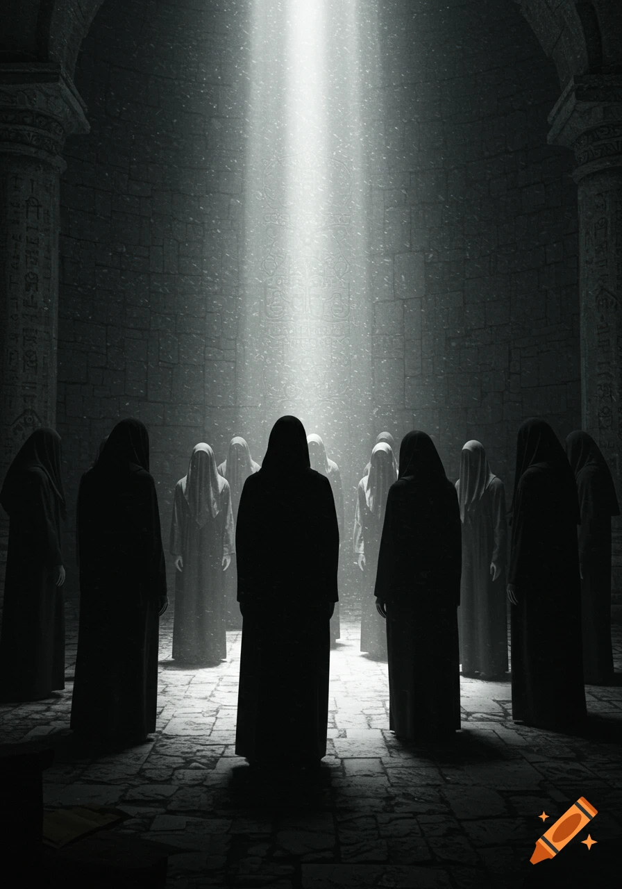 Cloaked figures stand in a dark, ancient hall with a beam of light shining from above, illuminating dust motes.