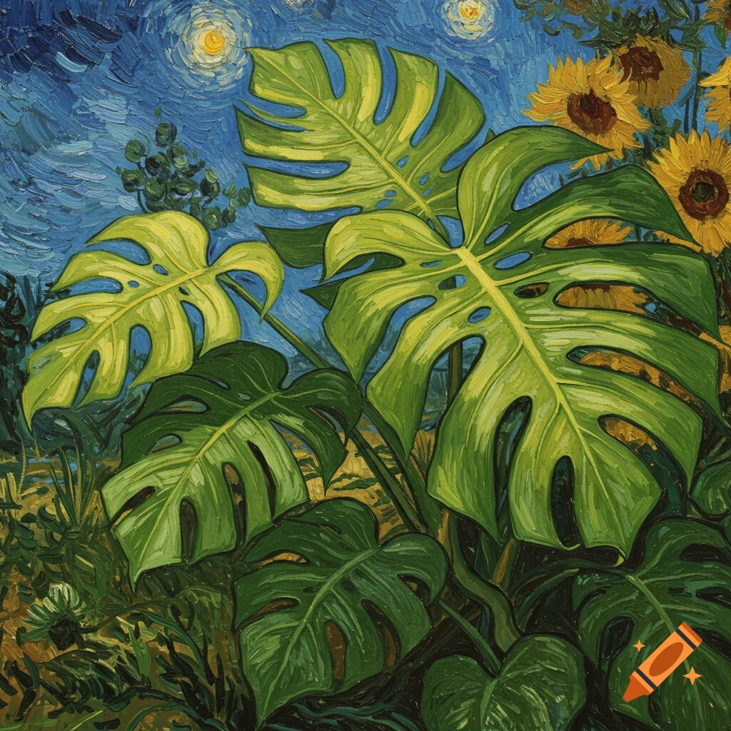 Painting of large green monstera leaves and yellow sunflowers under a swirling blue, starry sky in Vincent van Gogh's impasto style.