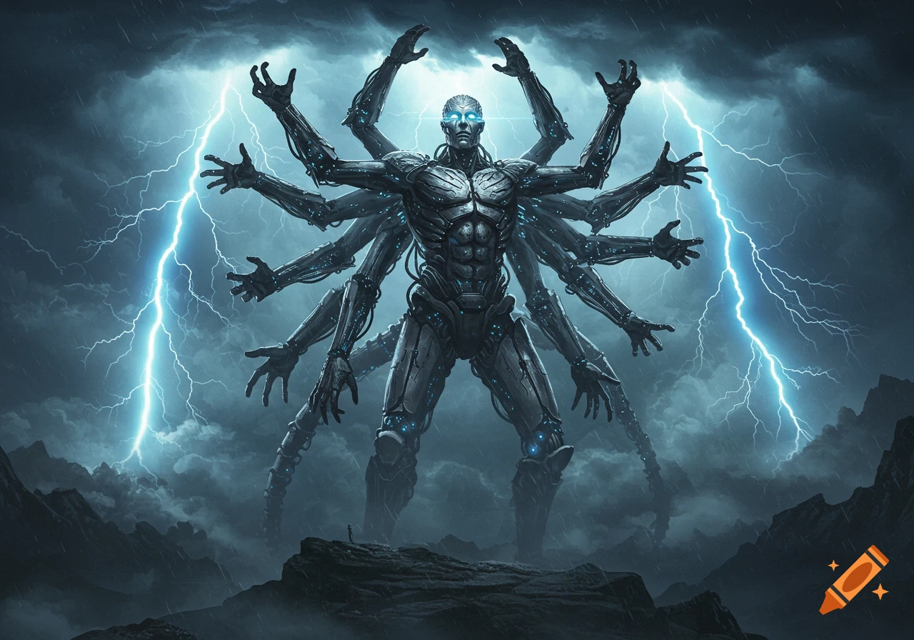 A massive, multi-armed metal giant with glowing blue eyes stands on a rocky landscape under a lightning-filled stormy sky.