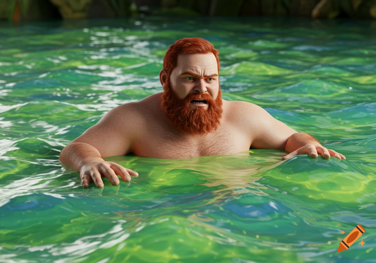A 3D rendered image of a red-bearded, chubby man looking distressed while immersed in vibrant green, wavy liquid.
