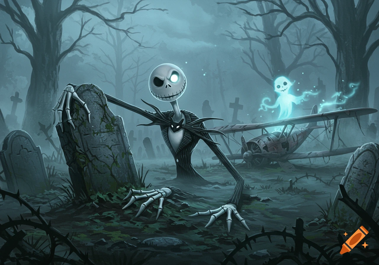 Jack Skellington reaches from a gravestone in a misty graveyard with a ghost and crashed plane.