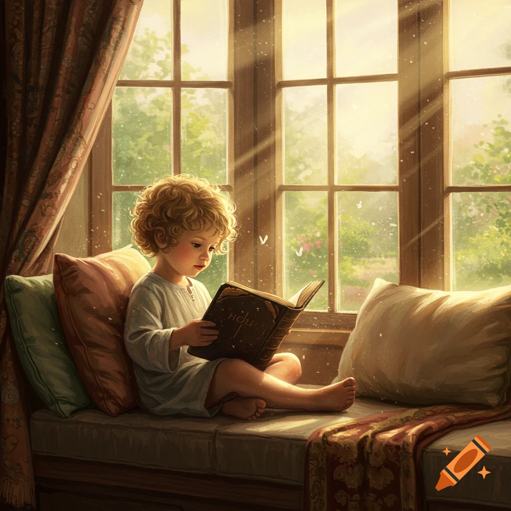 A curly-haired child sits by a sunny window, engrossed in reading a book, warm and cozy scene.