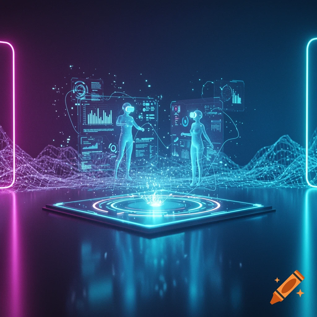 Two glowing digital figures in VR headsets interact with holographic data displays in a futuristic, neon-lit virtual space.
